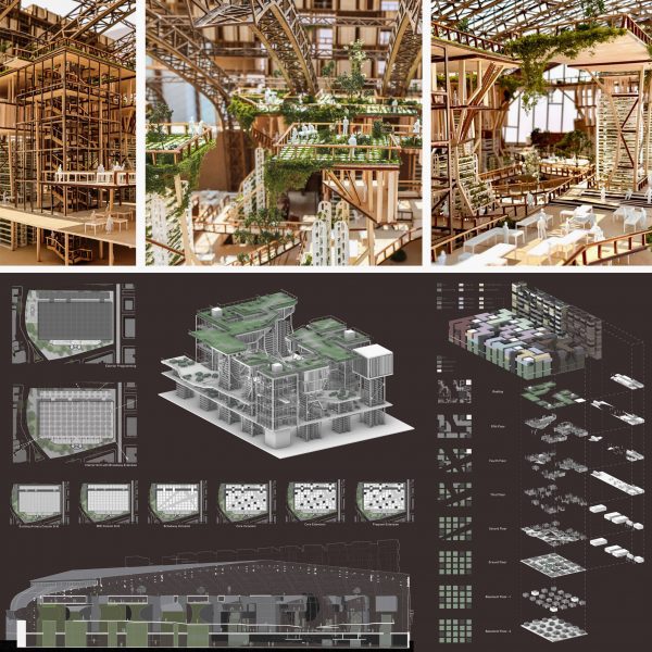 Board showing various drawings and photographs of a building model