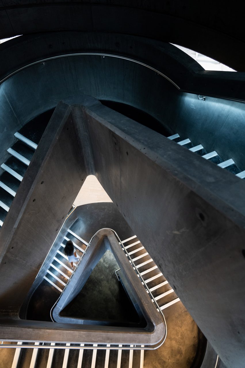 Triangular concrete spiral staircase
