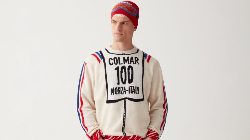 Model wearing sweater and hat from Colmar 100 Capsule Collection by Joshua Vides