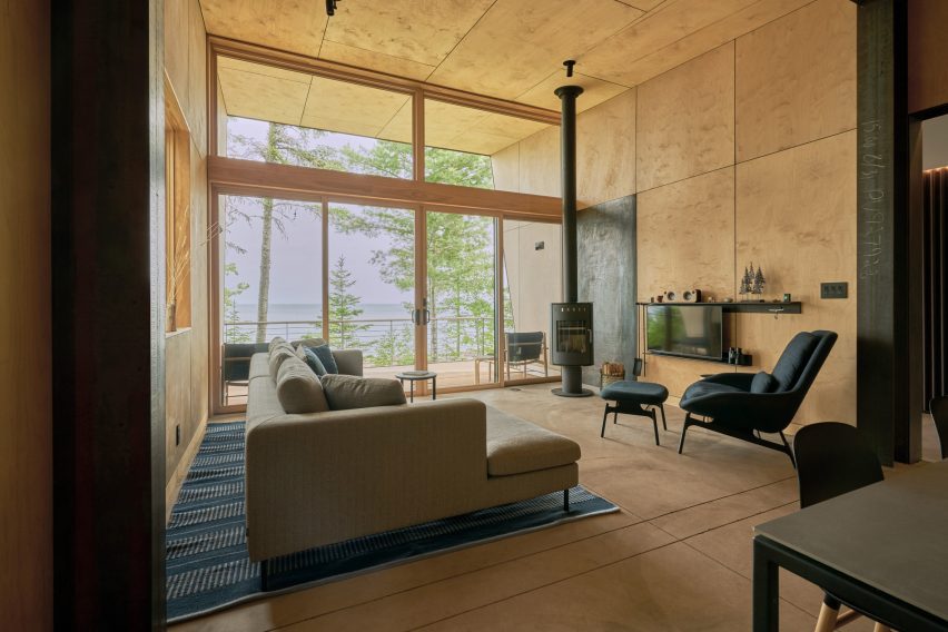 Living space with couch and woodstove