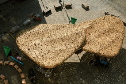 the top of woven bamboo pavilions installed during NYC Archtober