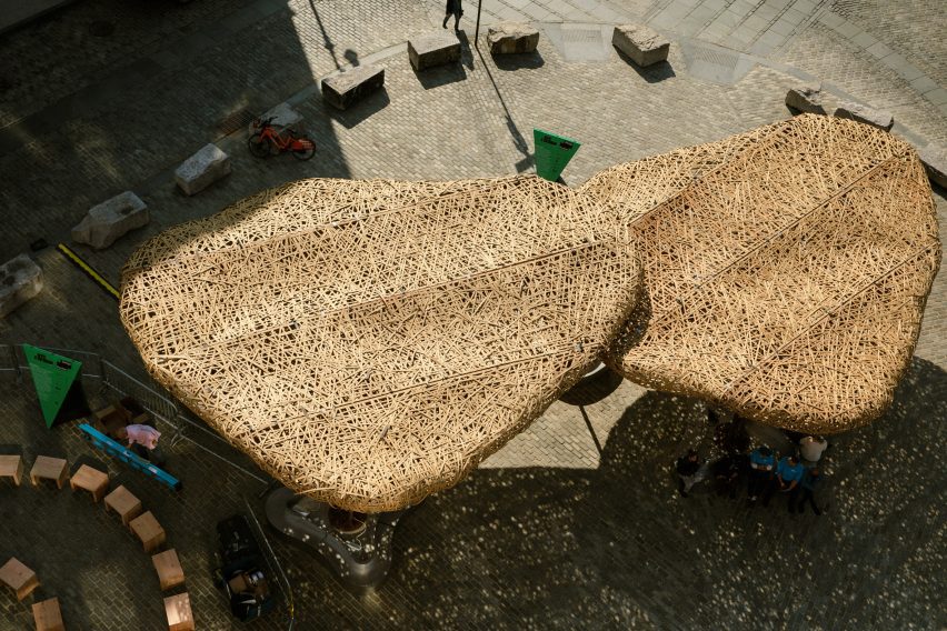 the top of woven bamboo pavilions installed during NYC Archtober