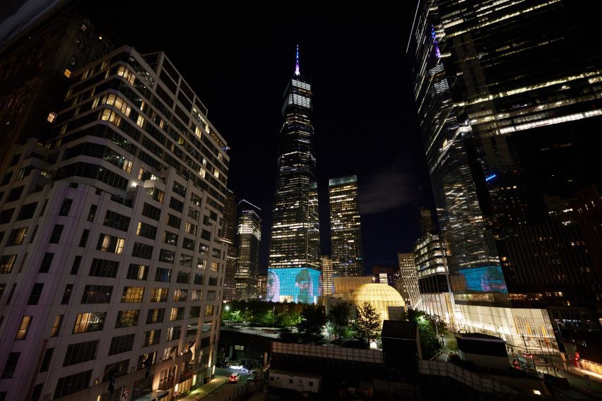 a digital screen projected onto world trade centre podium