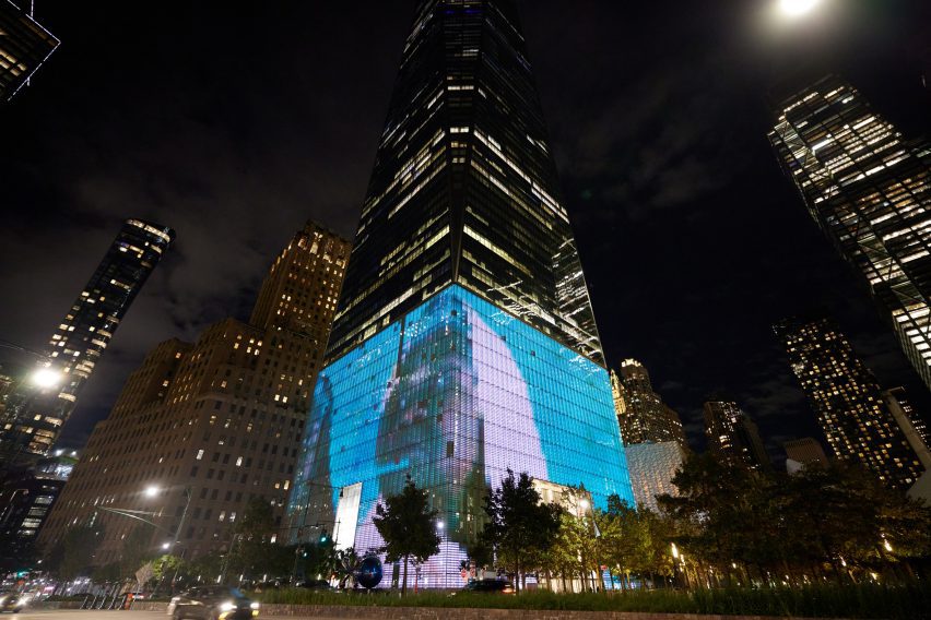 a digital screen projected onto world trade centre podium