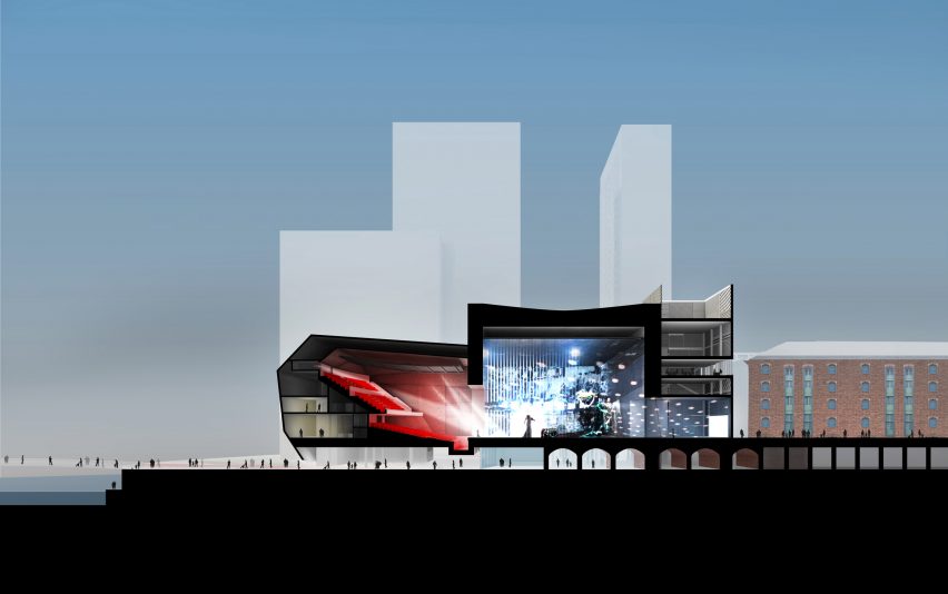 Section drawings of the Aviva Studios events space in Manchester by OMA