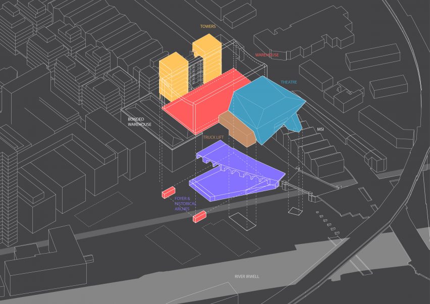 Axonometric drawing of the Aviva Studios events space in Manchester by OMA