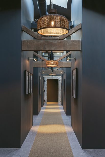Grey-colored walls and wooden beams