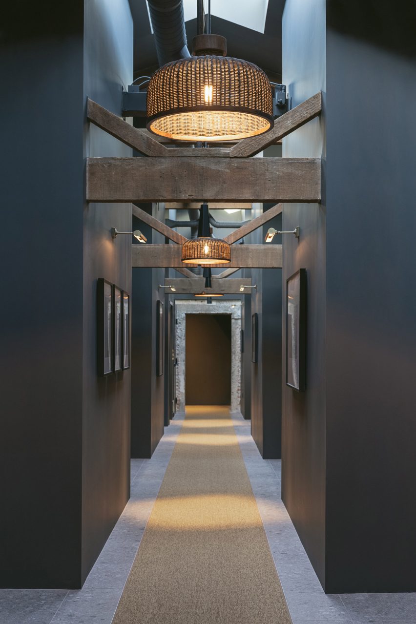 Grey-colored walls and wooden beams