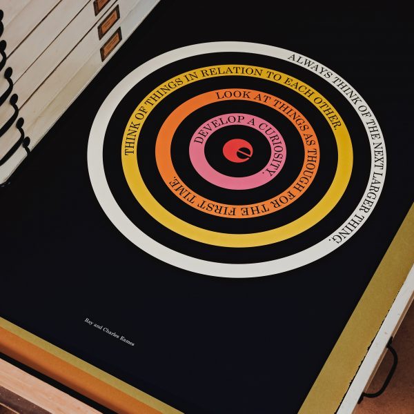 A black poster with a colorful bullseye