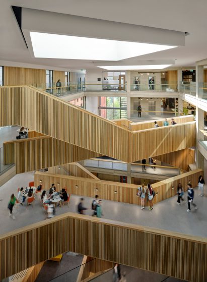 Criss-crossing staircases in the atrium at the Faculty of Arts University of Warwick