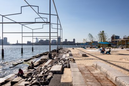 Gansevoort Beach with sculpture and Jersey skyline in background