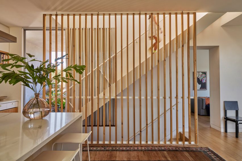 Wooden slates across stair well