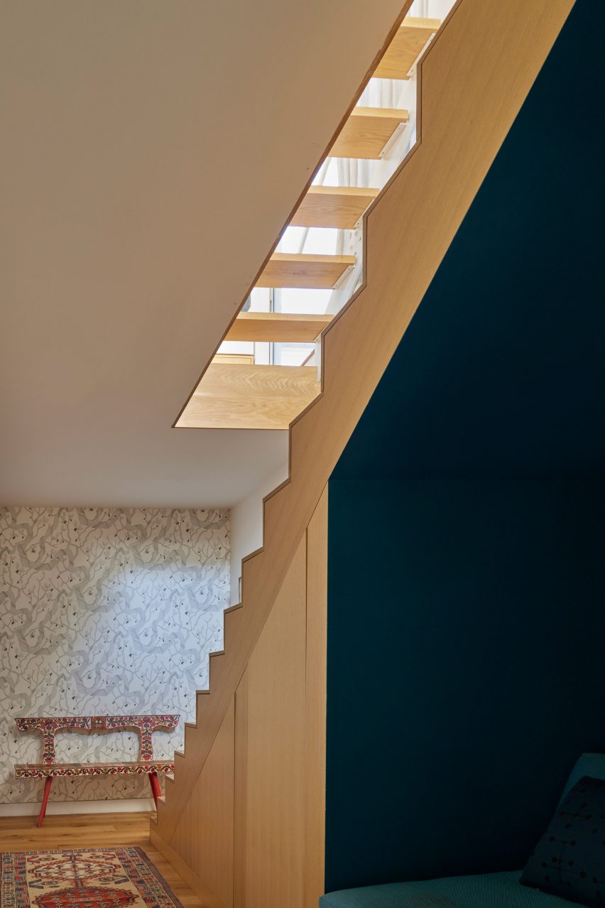 Blue staircase with white steps