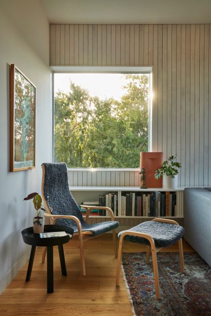 A blue chair in a reading room