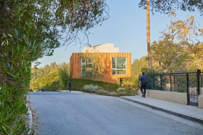 Wooden cube house along the street in LA