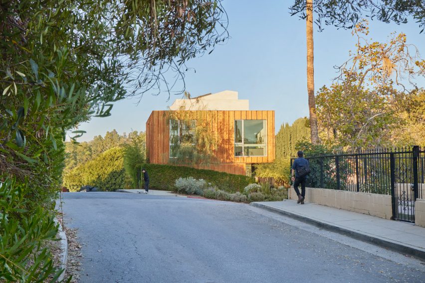 Wooden cube house along the street in LA