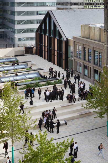 Stepped courtyard surrounded by historic buildings at the Central Foundation Boys' School
