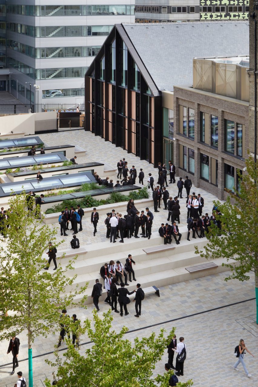 Stepped courtyard surrounded by historic buildings at the Central Foundation Boys' School