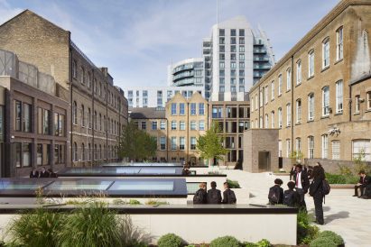 Stepped courtyard surrounded by historic buildings at the Central Foundation Boys' School