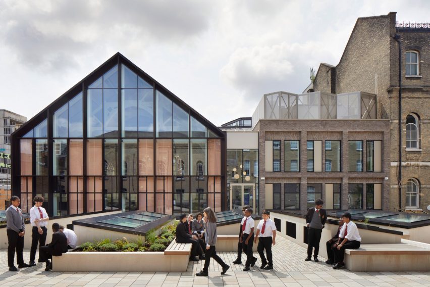 Historic and new-build structures around a courtyard at the Central Foundation Boys' School by Hawkins\Brown