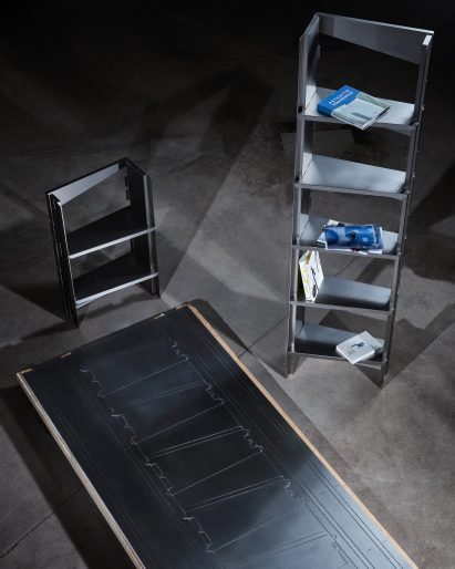 HBMS flat-pack metal shelving by Pierre Salaün