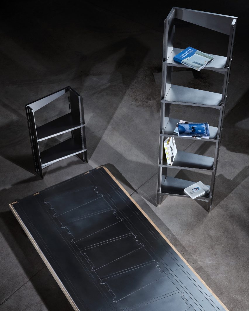 HBMS flat-pack metal shelving by Pierre Salaün