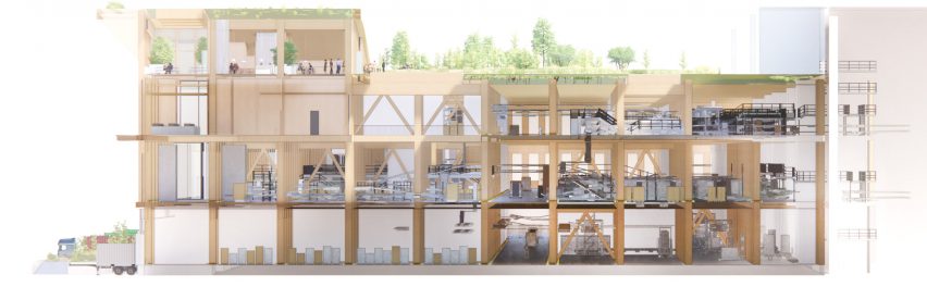 Section drawing of Henning Larsen mass-timber logistics centre