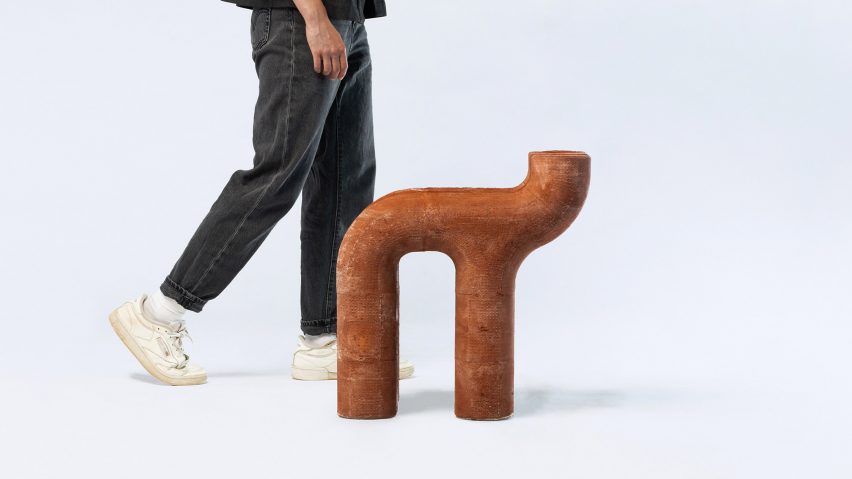 Sculptural Biocement chair displayed at Designblok
