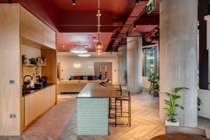Internal communal kitchen space at College Road by HTA Design