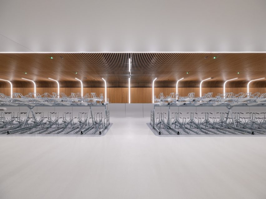 Interior view of IJboulevard bike parking facility by VenhoevenCS Architecture + Urbanism