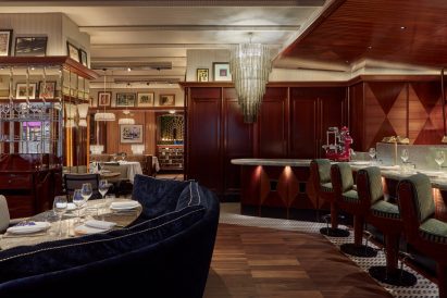 Italian stone tops the crudo bar in the corner of the dining room