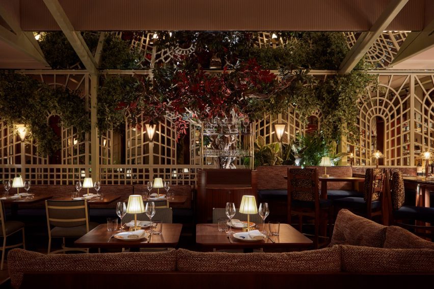 Banquette seating looks out onto the courtyard lattice