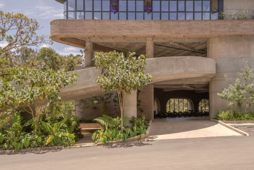Entrance to concrete office building