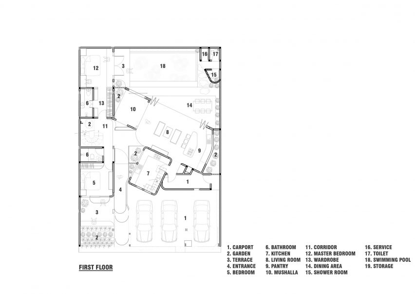 First floor plan of Distracted House by Ismail Solehudin Architecture