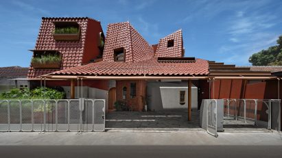 Distracted House with an angular red-tiled roof by Ismail Solehudin Architecture in Jakarta