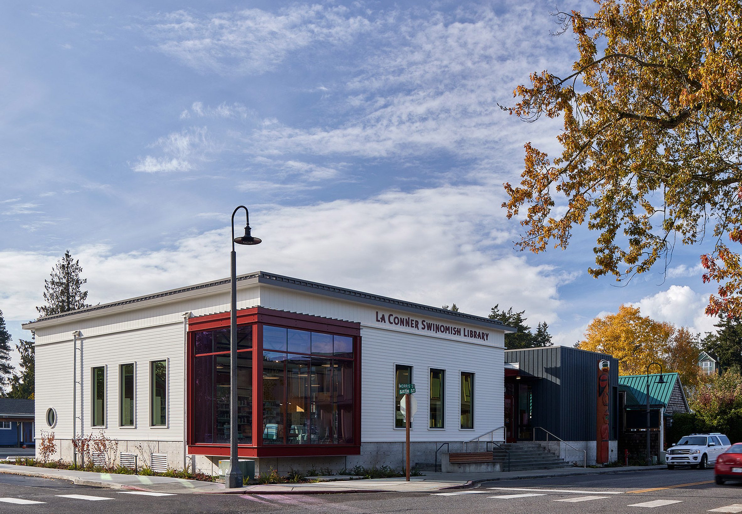A library with red clad window