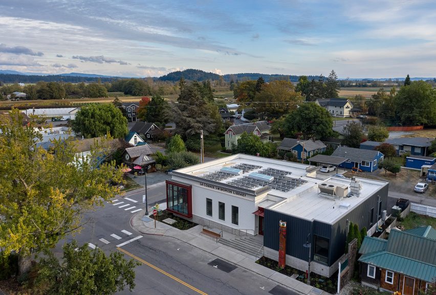 Aerial view of library with solar panels