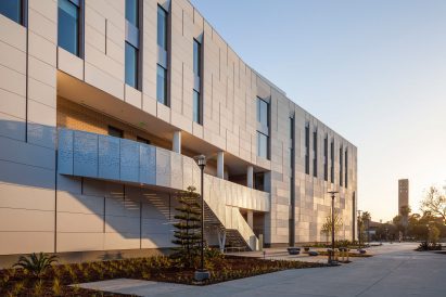 Walkway and concrete panel facade