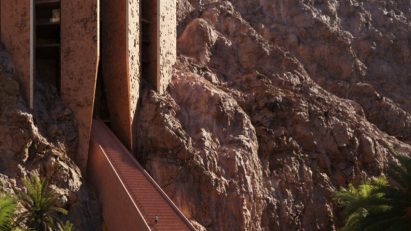 Hotel with stairs in the mountain ravine