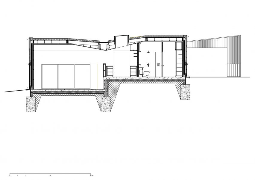 Section drawing of Loader Monteith charred timber office and residence