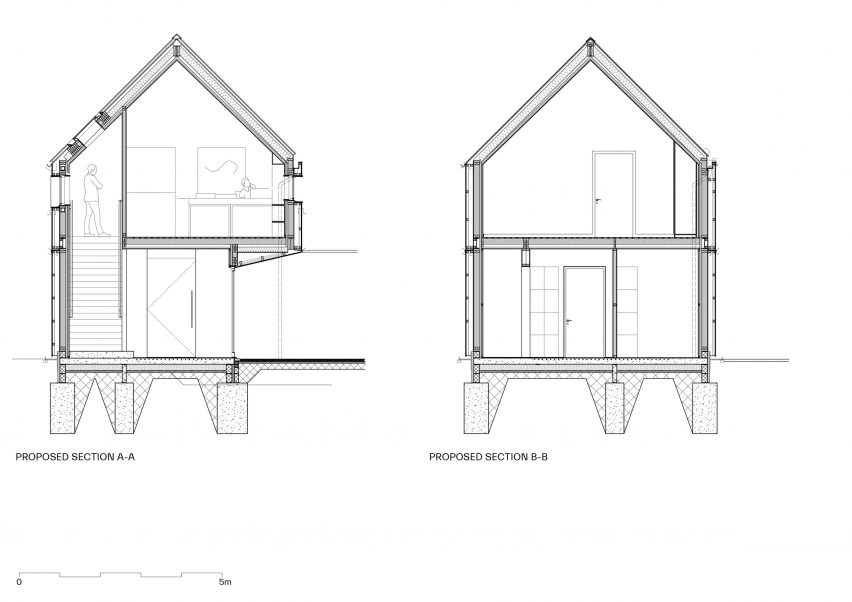 Section drawing of Loader Monteith charred timber office and residence
