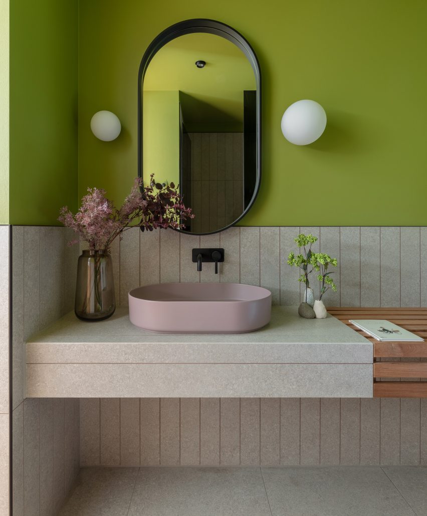 The bathrooms are decorated with powdery colours
