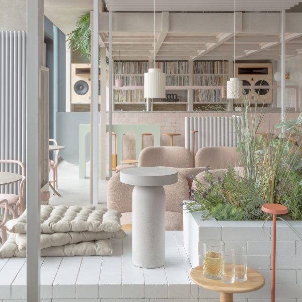 Planters soften the concrete industrial space