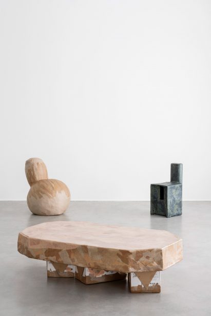 Coffee table and two chairs from Box exhibition of cardboard furniture by Max Lamb at Gallery Fumi