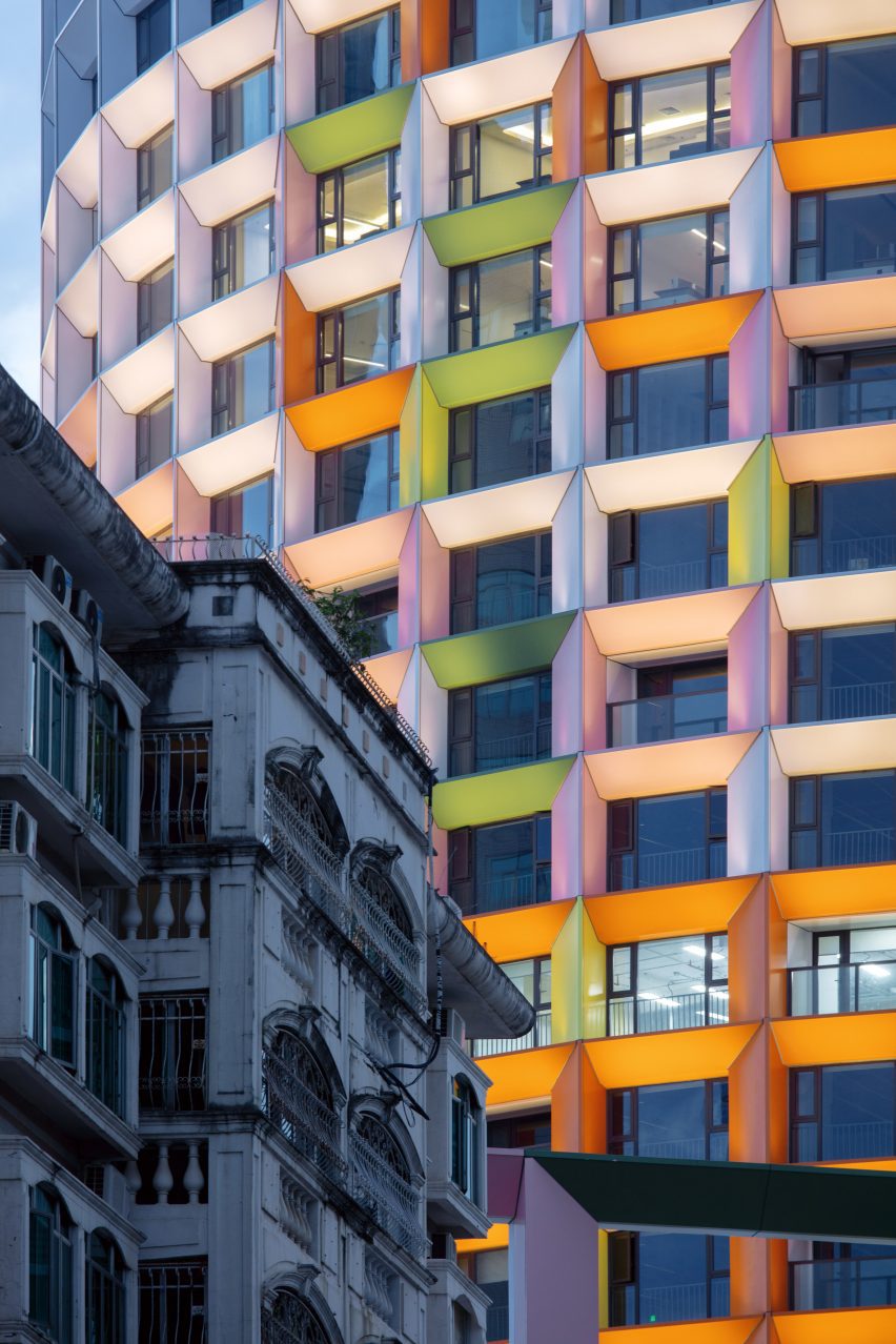 Colourful gridded facade at Shenzhen Women and Children's Centre