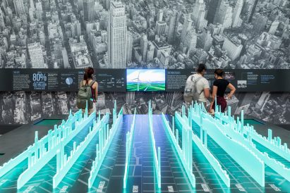 A central table with illuminated skylines