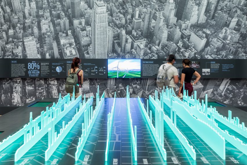 A central table with illuminated skylines