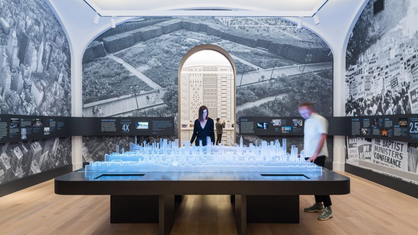 A central table with illuminated skylines