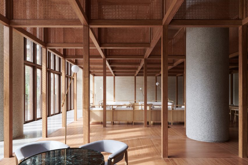 Wood-lined hotel interior at Sanya Wellness Retreat