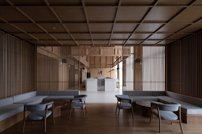 Wood-clad meeting space in a hotel interior